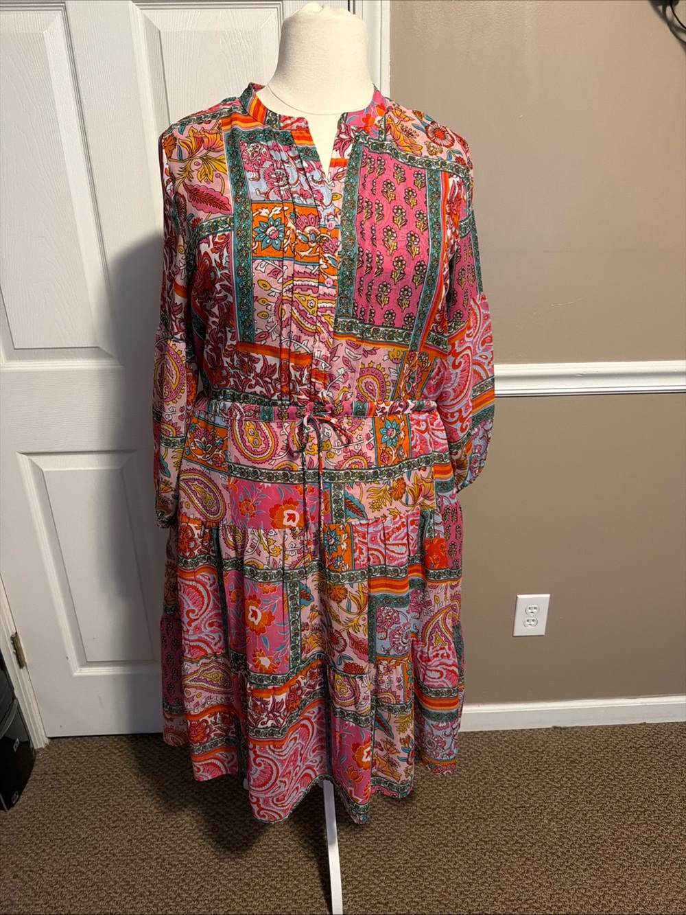 Soft Surroundings Pink Green Multi floral Tiered Long Sleeve Dress size 1X